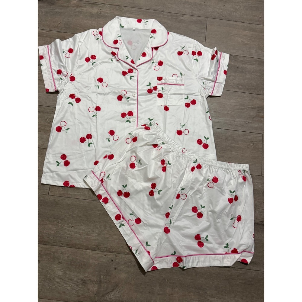 NIB- White Cherry Print Satin Pajama Set Short Sleeve Button Down Shorts XXL